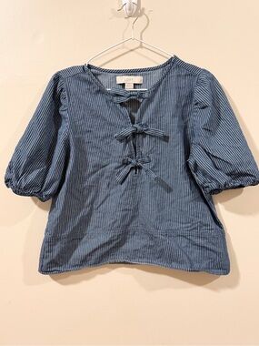 LOFT Navy Blue and White Striped Tie-Front Puff Sleeve Blouse